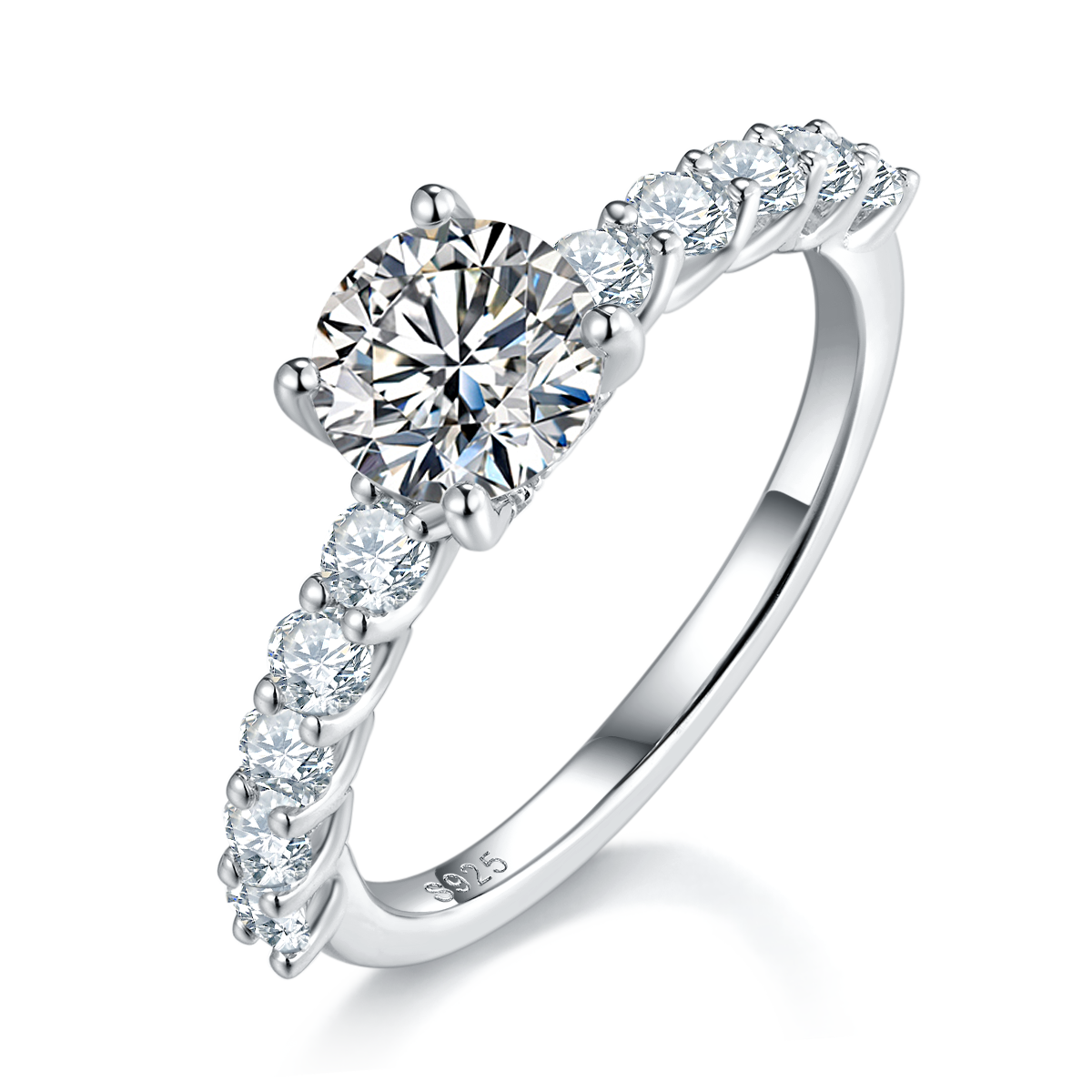 Fashionable Full Diamond Four Claw Women's Ring S925 Silver Plated Platinum Primary and Secondary Set Ring Stacking Customized Main Stone Moissanite  1.0ct/Secondary Stone High Carbon Diamond
