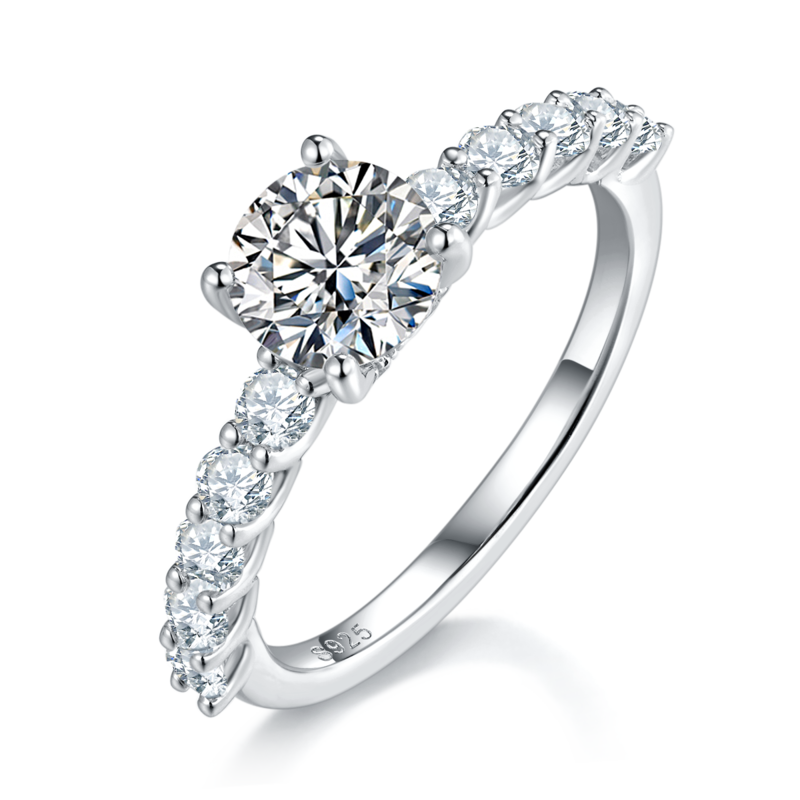 时尚满钻四爪女戒S925银镀白金主副套戒叠戴定制主石莫桑钻1.0ct/副石高碳钻