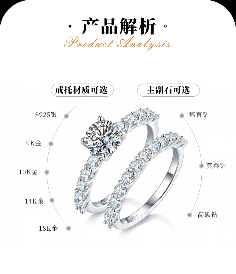 时尚满钻四爪女戒S925银镀白金主副套戒叠戴定制主石莫桑钻1.0ct/副石高碳钻 - 2