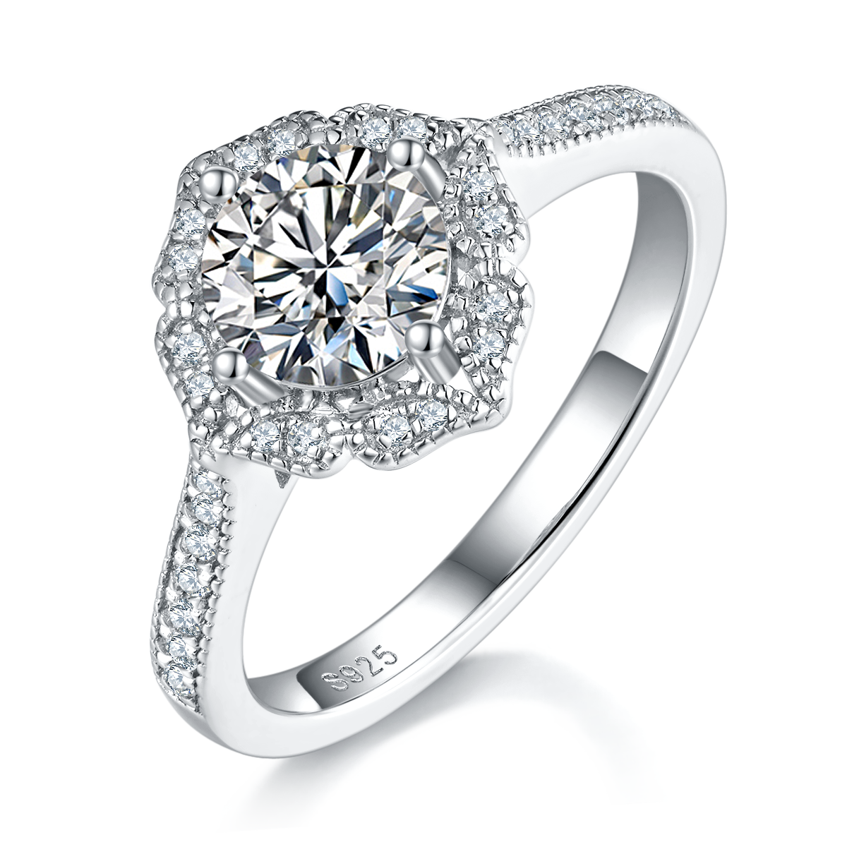 Straight arm hand-held flower women's ring S925 silver plated platinum main and secondary sets of rings, stacked and customized main stone moissanite  1.0ct/secondary stone high carbon diamond