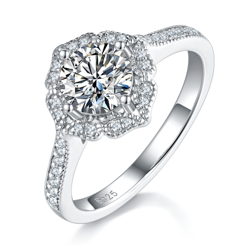 Straight arm hand-held flower women's ring S925 silver plated platinum main and secondary sets of rings, stacked and customized main stone moissanite diamond 1.0ct/secondary stone high carbon diamond