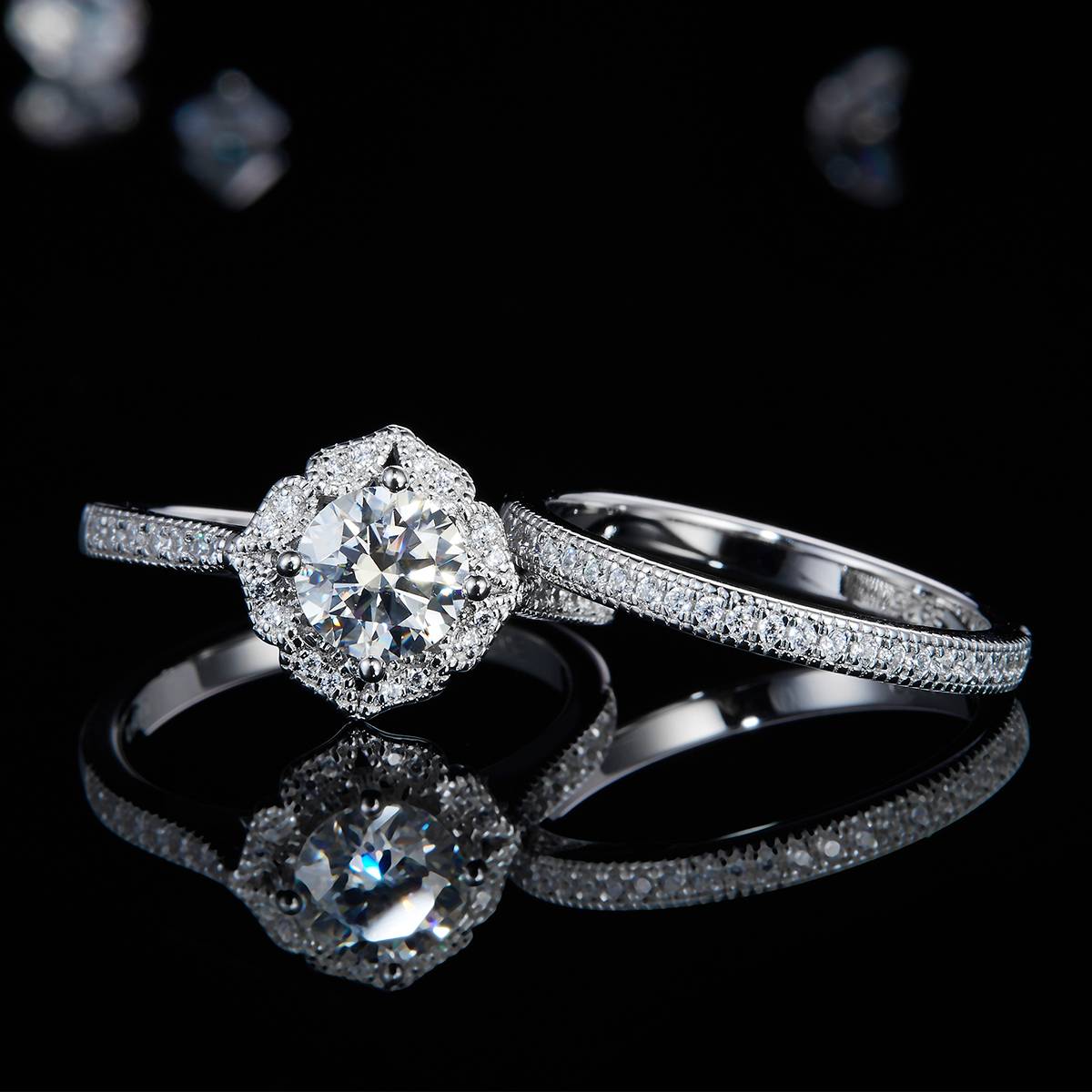 Straight arm hand-held flower women's ring S925 silver plated platinum main and secondary sets of rings, stacked and customized main stone moissanite  1.0ct/secondary stone high carbon diamond