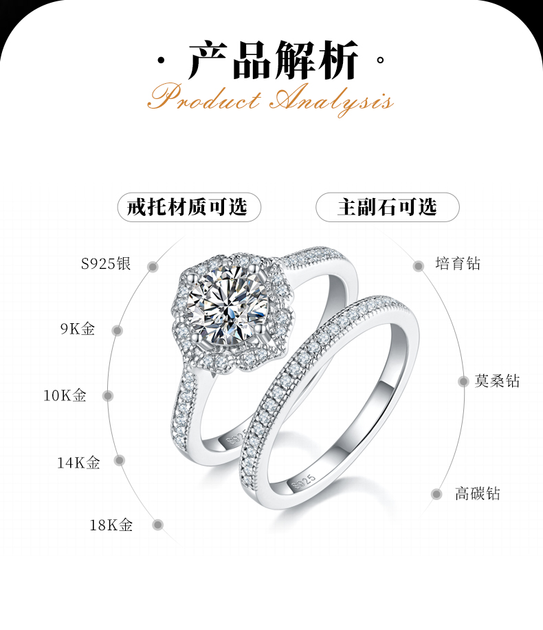 直臂手捧花女戒S925银镀白金主副套戒叠戴定制主石莫桑钻1.0ct/副石高碳钻 - 2