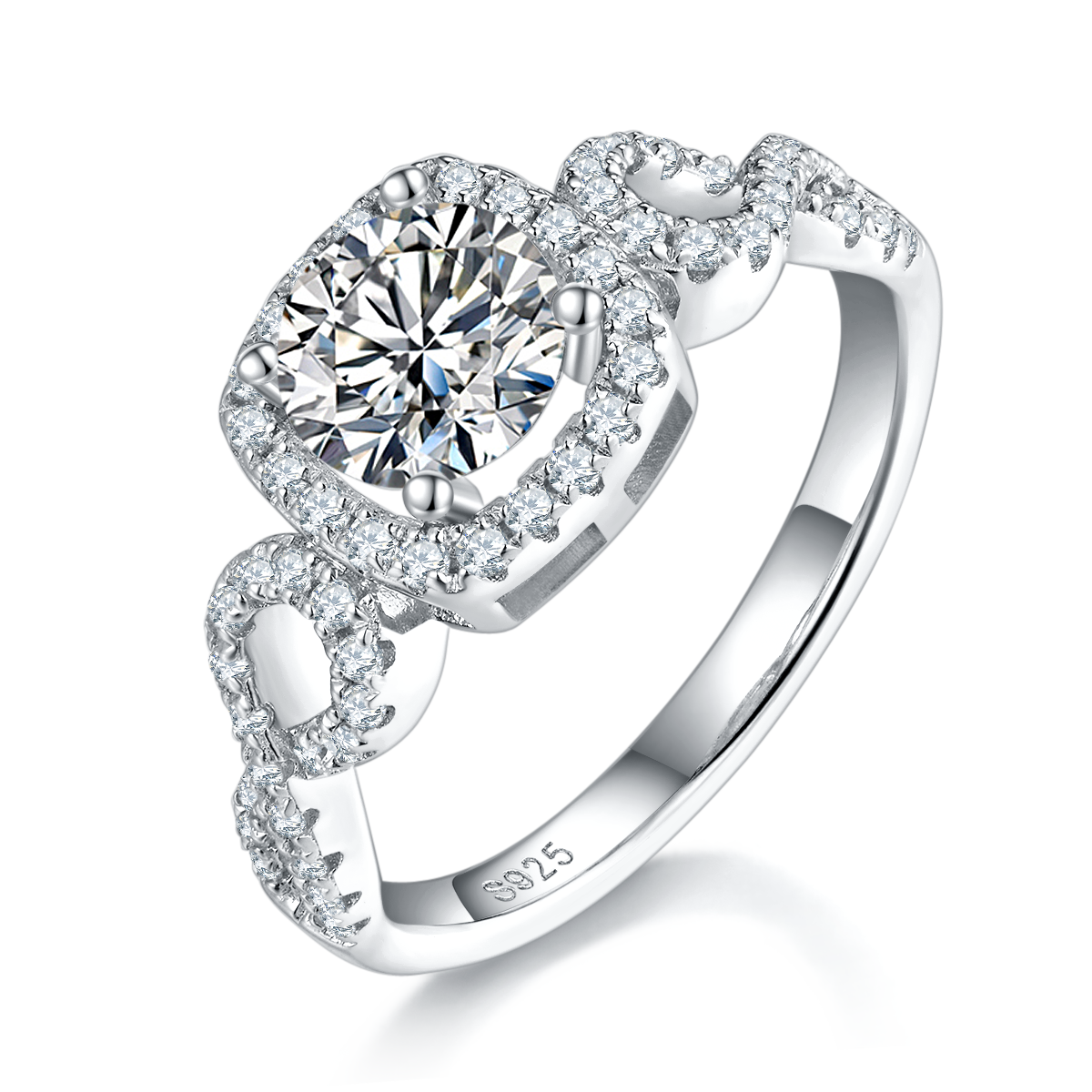 Deluxe Square Bag Women's Ring S925 Silver Plated Platinum Primary and Secondary Set Ring Stacked Women's Ring Customized Main Stone Moissanite  1.0ct/Secondary Stone High Carbon Diamond