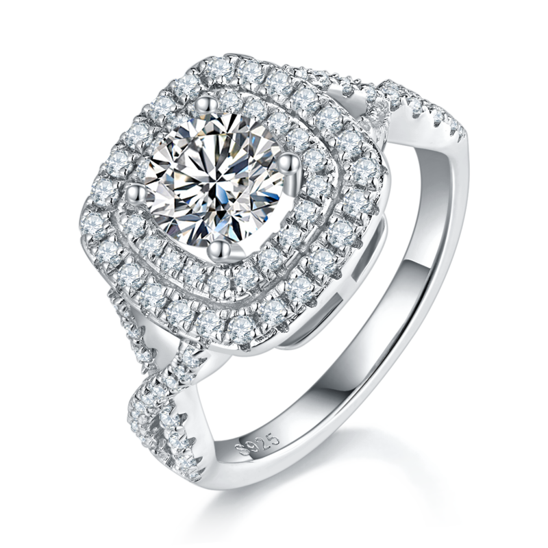 豪华方包女戒S925银镀白金主副套戒叠戴女戒定制主石莫桑钻1.0ct/副石高碳钻