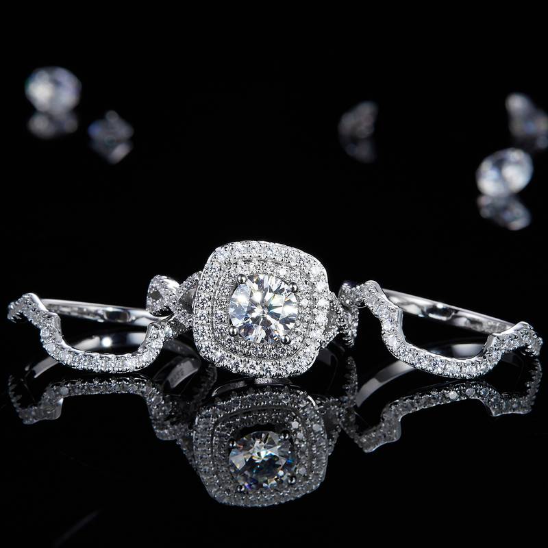 豪华方包女戒S925银镀白金主副套戒叠戴女戒定制主石莫桑钻1.0ct/副石高碳钻