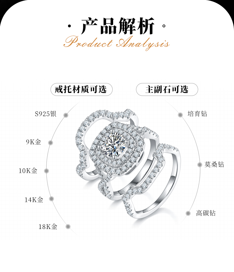 豪华方包女戒S925银镀白金主副套戒叠戴女戒定制主石莫桑钻1.0ct/副石高碳钻 - 2