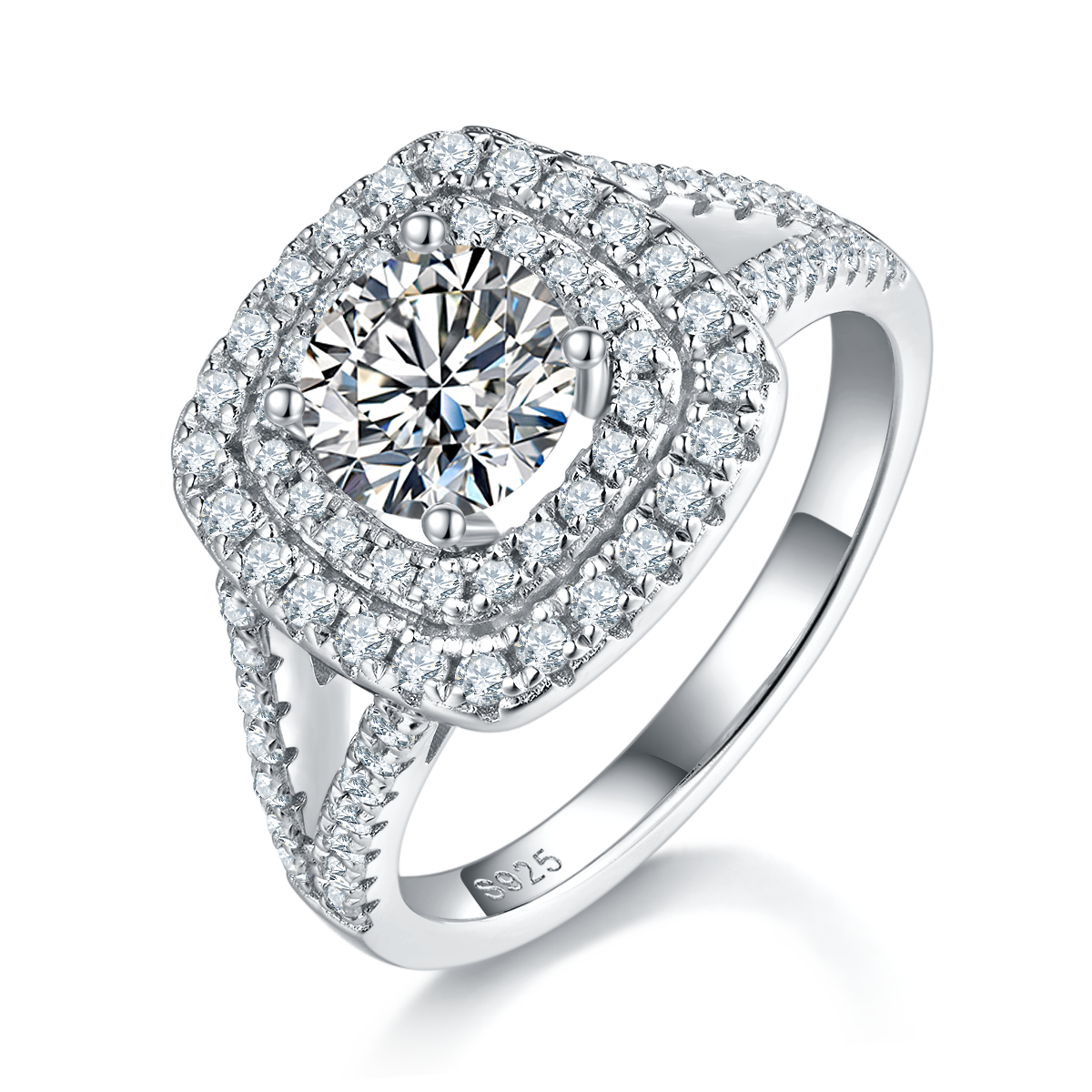 Deluxe Square Bag Women's Ring S925 Silver Plated Platinum Primary and Secondary Set Ring Stacked Women's Ring Customized Main Stone Moissanite  1.0ct/Secondary Stone High Carbon Diamond