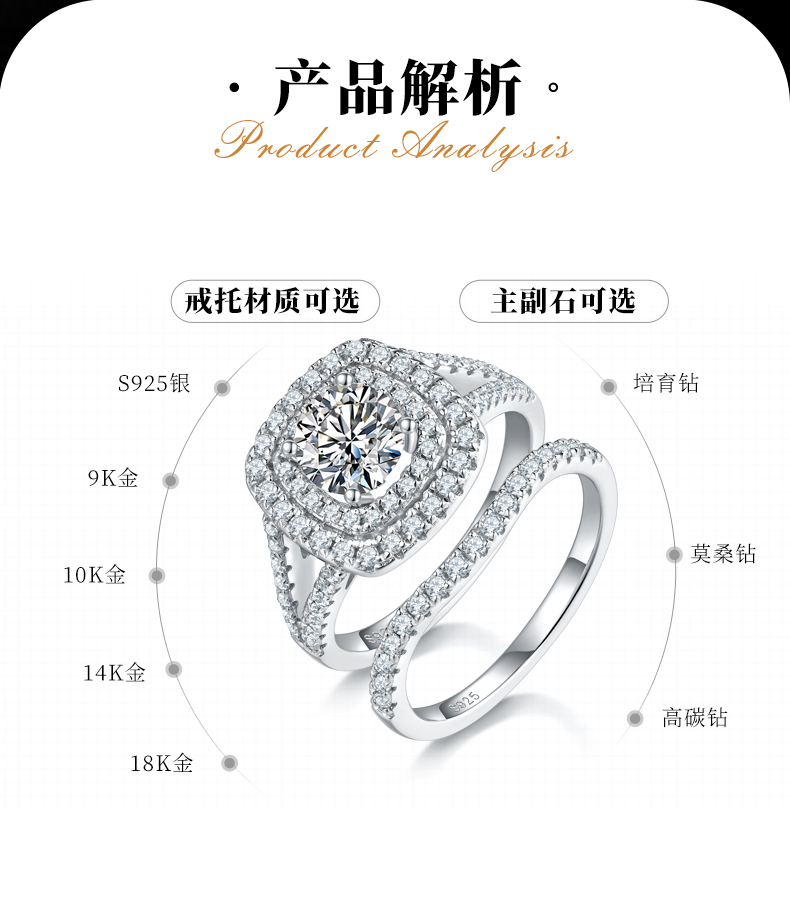 豪华满钻方包女戒S925银镀白金主副套戒叠戴女戒定制主石莫桑钻1.0ct/副石高碳钻 - 2