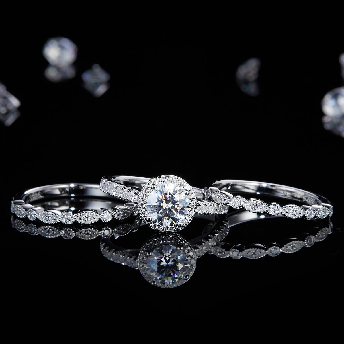 圆包女戒S925银镀白金主副套戒叠戴女戒定制主石莫桑钻1.0ct/副石高碳钻