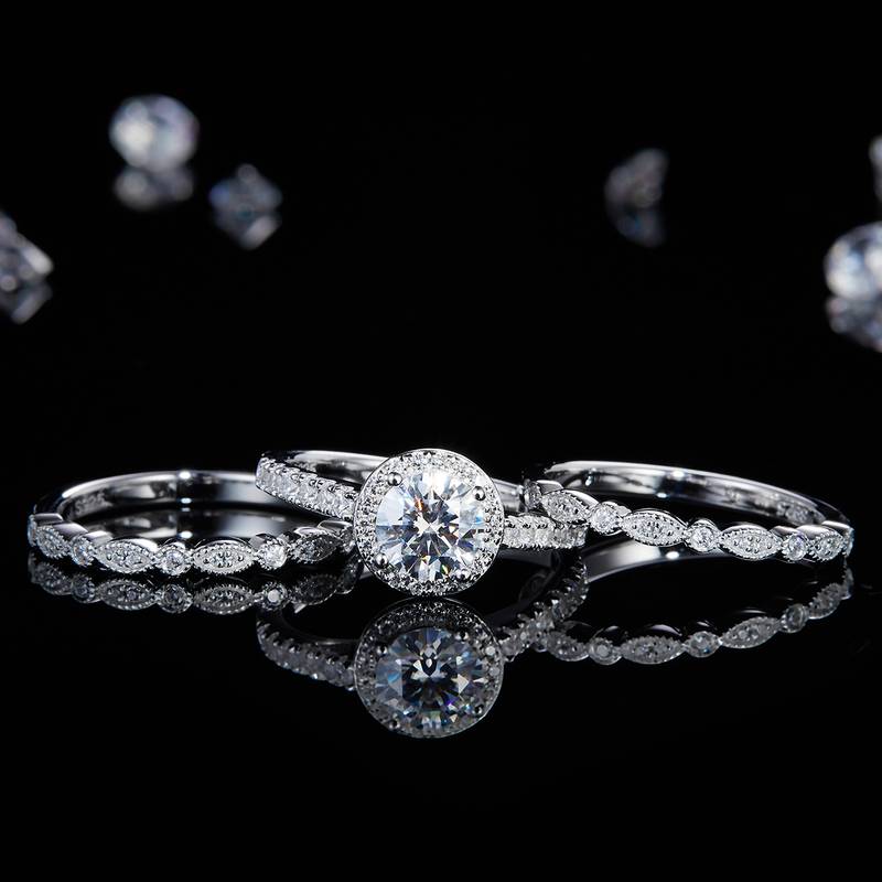 Round Bag Women's Ring S925 Silver Plated Platinum Primary and Secondary Set Ring Stacked Women's Ring Customized Main Stone Moissanite Diamond 1.0ct/Secondary Stone High Carbon Diamond