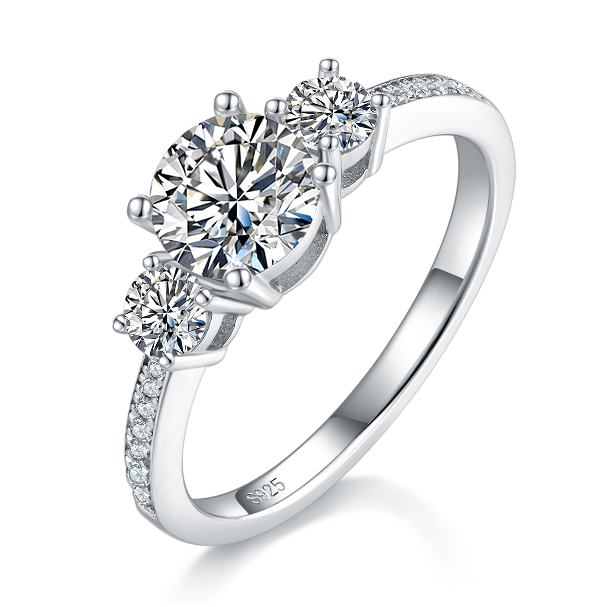 Three Stone Women's Ring S925 Silver Plated Platinum Primary and Secondary Set Ring Stacked Women's Ring Customized Main Stone Moissanite  1.0ct/Secondary Stone High Carbon Diamond