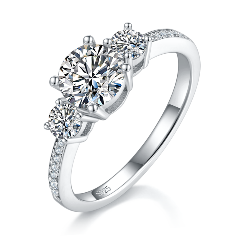 Three Stone Women's Ring S925 Silver Plated Platinum Primary and Secondary Set Ring Stacked Women's Ring Customized Main Stone Moissanite Diamond 1.0ct/Secondary Stone High Carbon Diamond