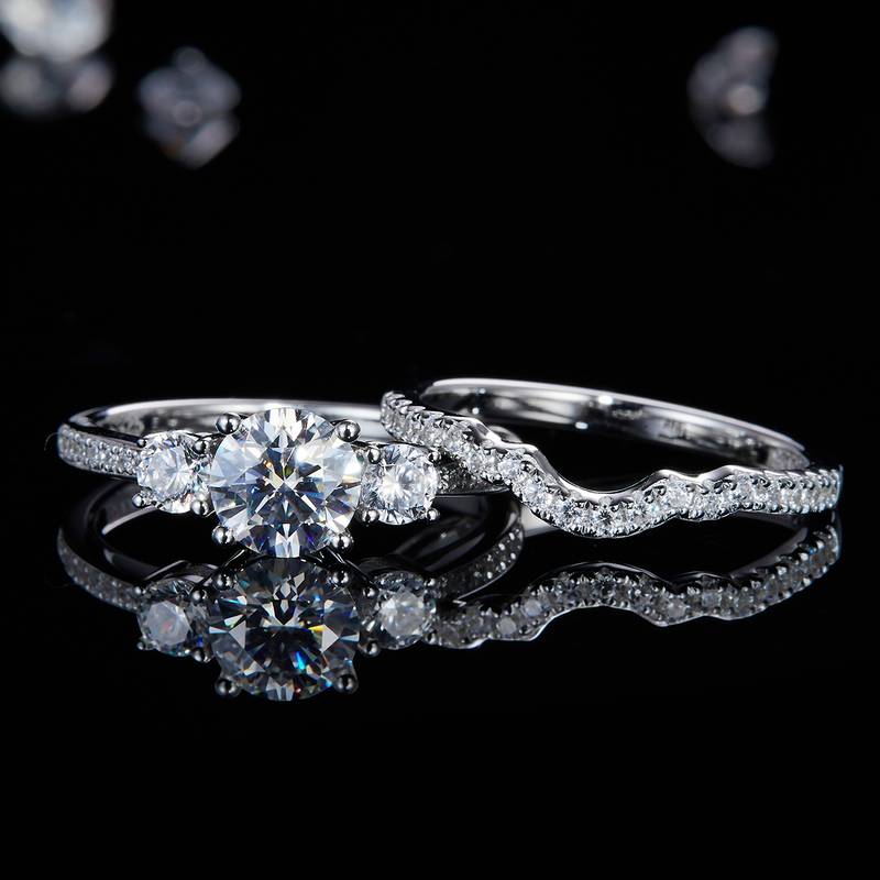 Three Stone Women's Ring S925 Silver Plated Platinum Primary and Secondary Set Ring Stacked Women's Ring Customized Main Stone Moissanite Diamond 1.0ct/Secondary Stone High Carbon Diamond
