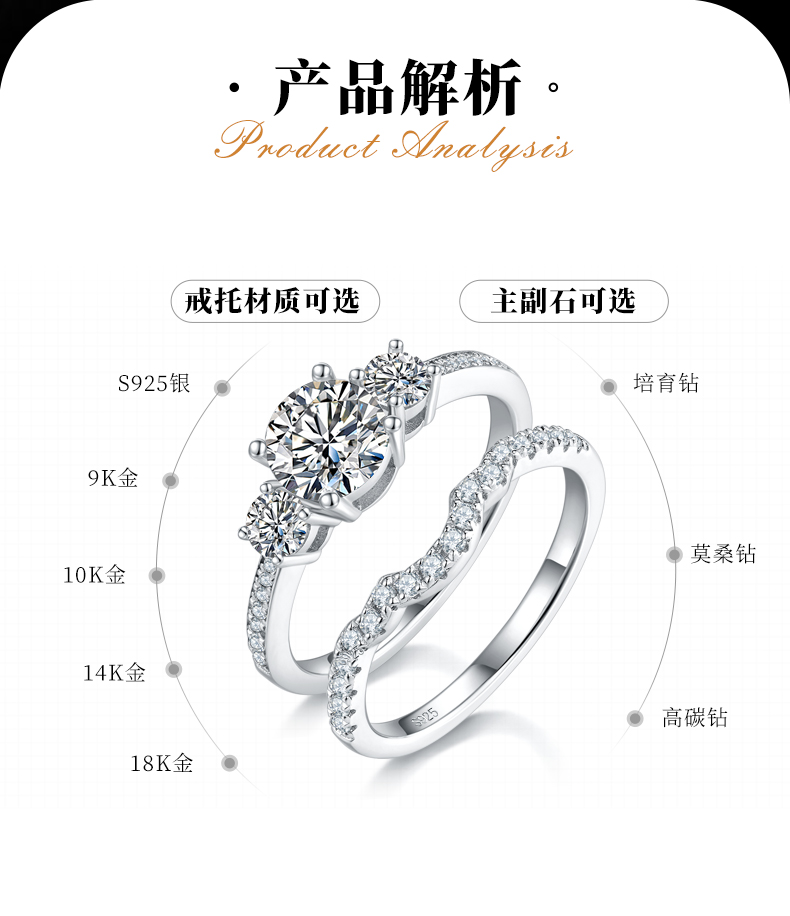直臂微镶三石四爪女戒S925银镀白金主副套戒叠戴女戒定制主石莫桑钻1.0ct/副石高碳钻 - 2