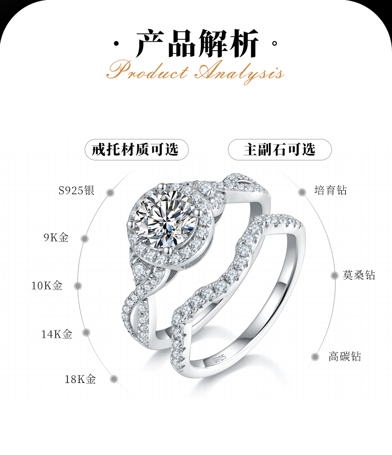 时尚圆包女戒S925银镀白金主副套戒叠戴女戒定制主石莫桑钻1.0ct/副石高碳钻 - 2