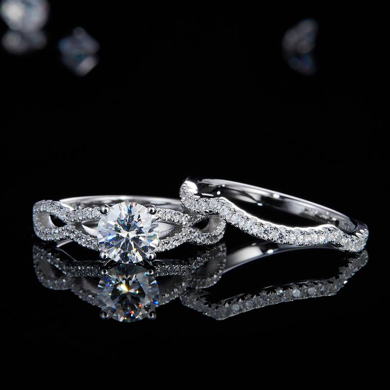 麻花四爪女戒S925银镀白金主副套戒叠戴女戒定制主石莫桑钻1.0ct/副石高碳钻