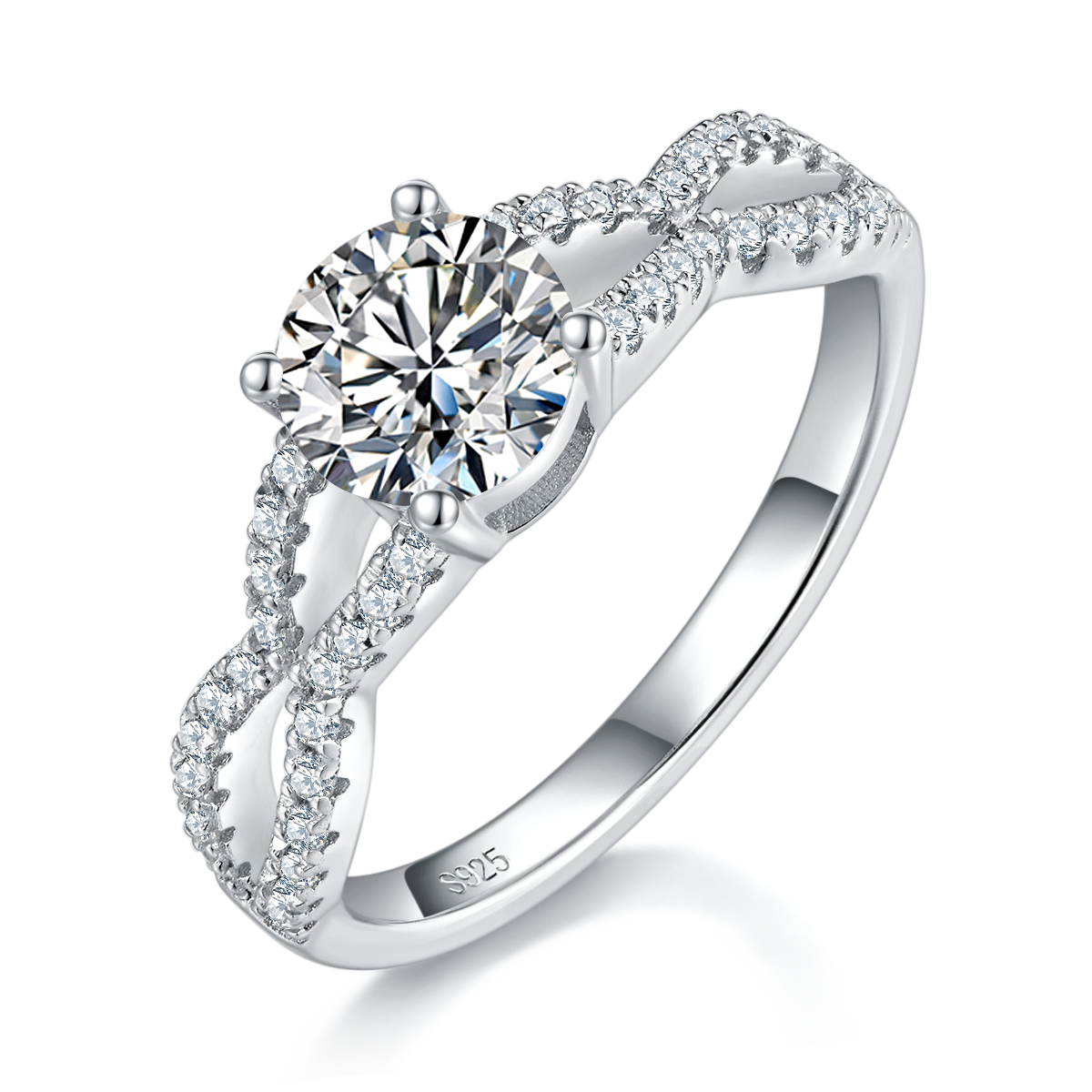 麻花四爪女戒S925银镀白金主副套戒叠戴女戒定制主石莫桑钻1.0ct/副石高碳钻