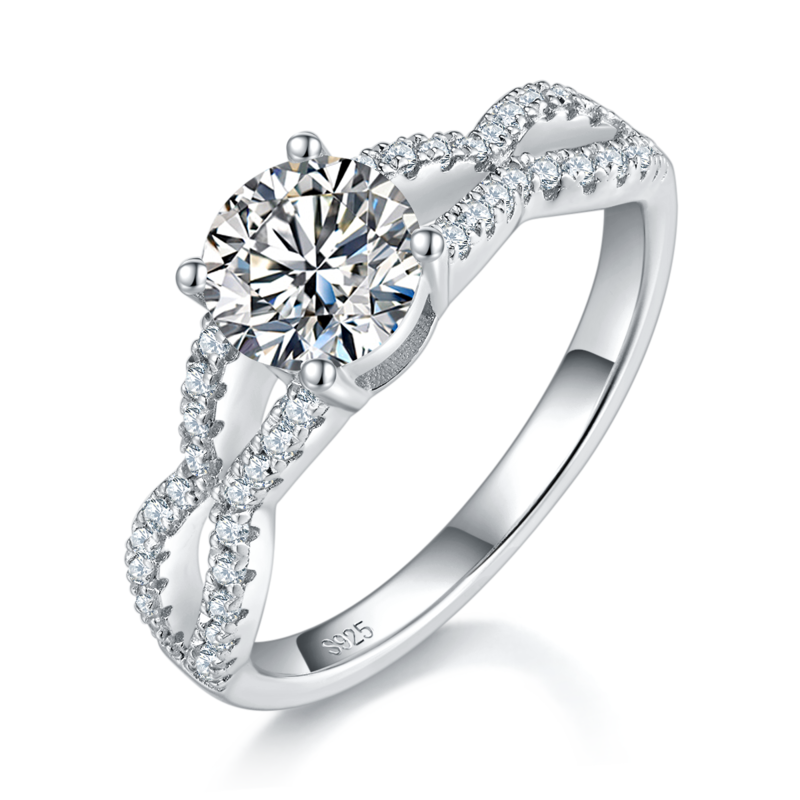 麻花四爪女戒S925银镀白金主副套戒叠戴女戒定制主石莫桑钻1.0ct/副石高碳钻