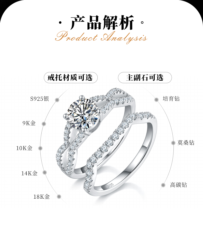 麻花四爪女戒S925银镀白金主副套戒叠戴女戒定制主石莫桑钻1.0ct/副石高碳钻 - 2