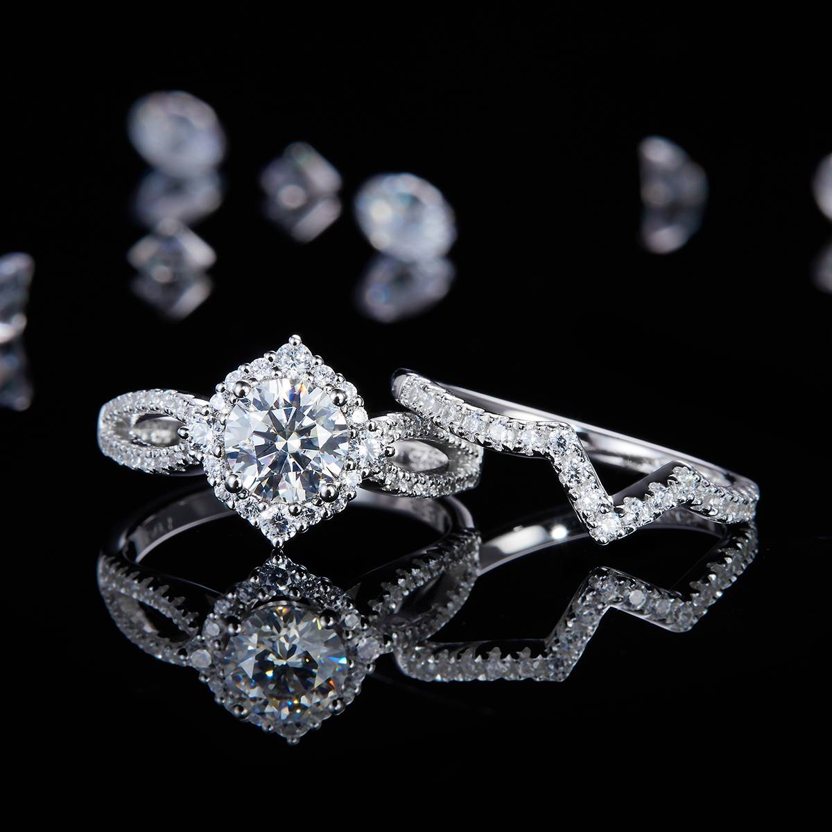 Four Claw Round Bag Women's Ring S925 Silver Plated Platinum Primary and Secondary Set Ring Stacked Women's Ring Customized Main Stone Moissanite  1.0ct/Secondary Stone High Carbon Diamond