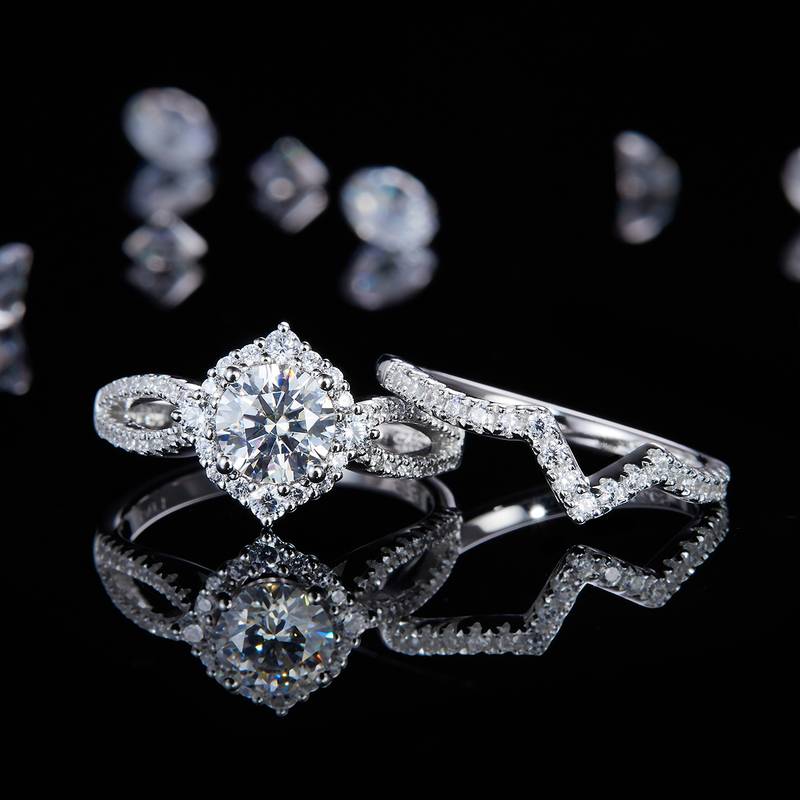 Four Claw Round Bag Women's Ring S925 Silver Plated Platinum Primary and Secondary Set Ring Stacked Women's Ring Customized Main Stone Moissanite Diamond 1.0ct/Secondary Stone High Carbon Diamond