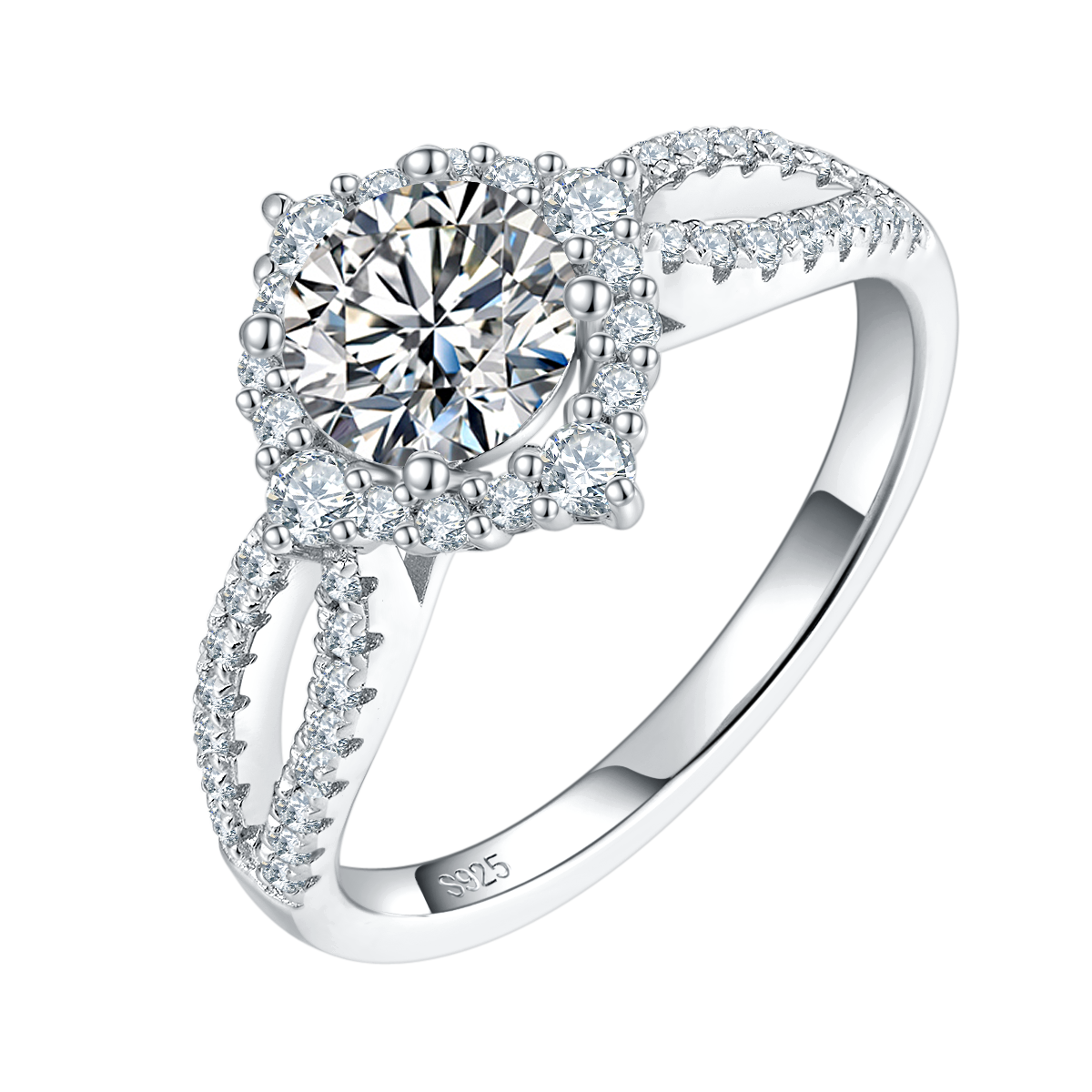 Four Claw Round Bag Women's Ring S925 Silver Plated Platinum Primary and Secondary Set Ring Stacked Women's Ring Customized Main Stone Moissanite  1.0ct/Secondary Stone High Carbon Diamond