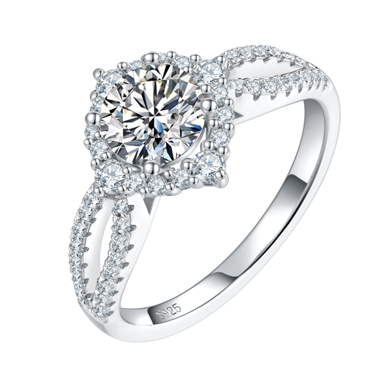 Four Claw Round Bag Women's Ring S925 Silver Plated Platinum Primary and Secondary Set Ring Stacked Women's Ring Customized Main Stone Moissanite Diamond 1.0ct/Secondary Stone High Carbon Diamond