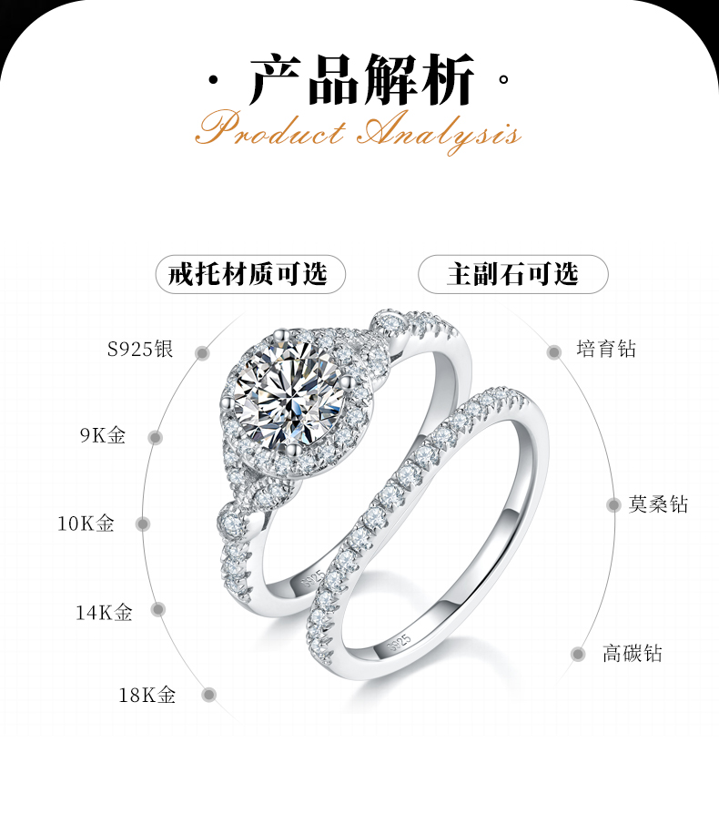 时尚奢华圆包女戒S925银镀白金主副套戒叠戴女戒定制主石莫桑钻1.0ct/副石高碳钻 - 2