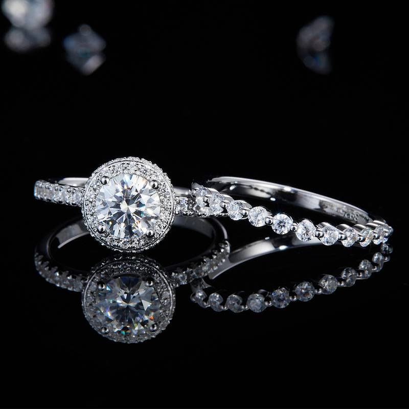 Double layered round bag women's ring S925 silver plated platinum main and secondary sets of rings, stacked women's ring custom main stone moissanite diamond 1.0ct/secondary stone high carbon diamond