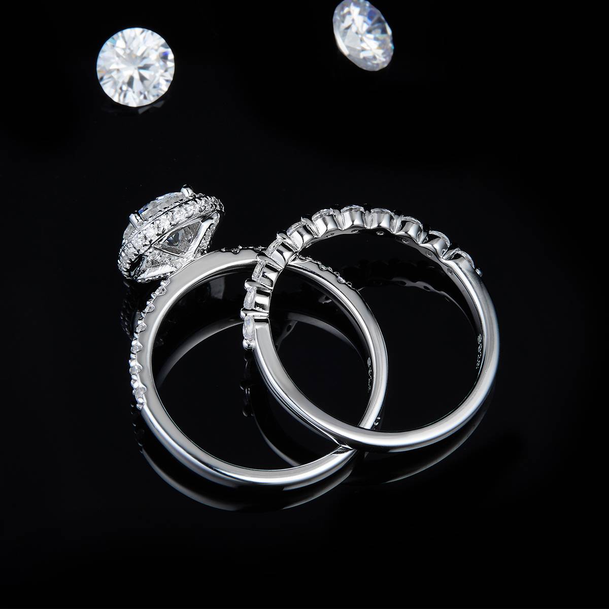 Double layered round bag women's ring S925 silver plated platinum main and secondary sets of rings, stacked women's ring custom main stone moissanite  1.0ct/secondary stone high carbon diamond