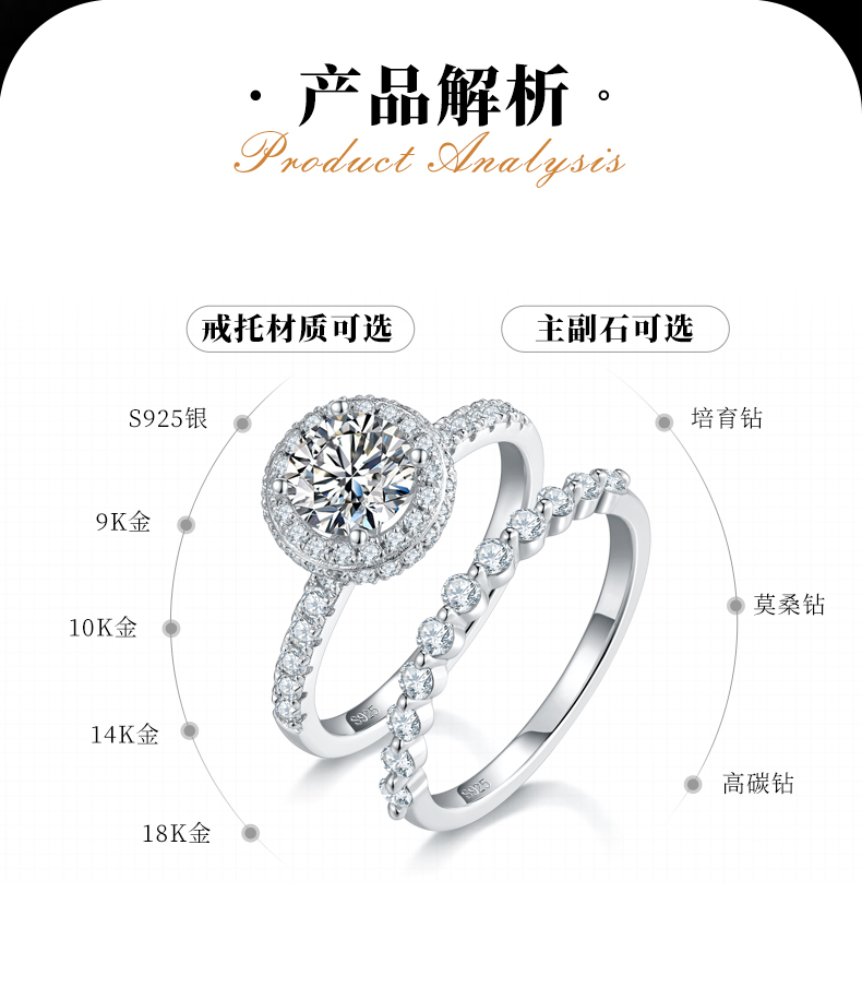 直臂豪华双层圆包女戒S925银镀白金主副套戒叠戴女戒定制主石莫桑钻1.0ct/副石高碳钻 - 2