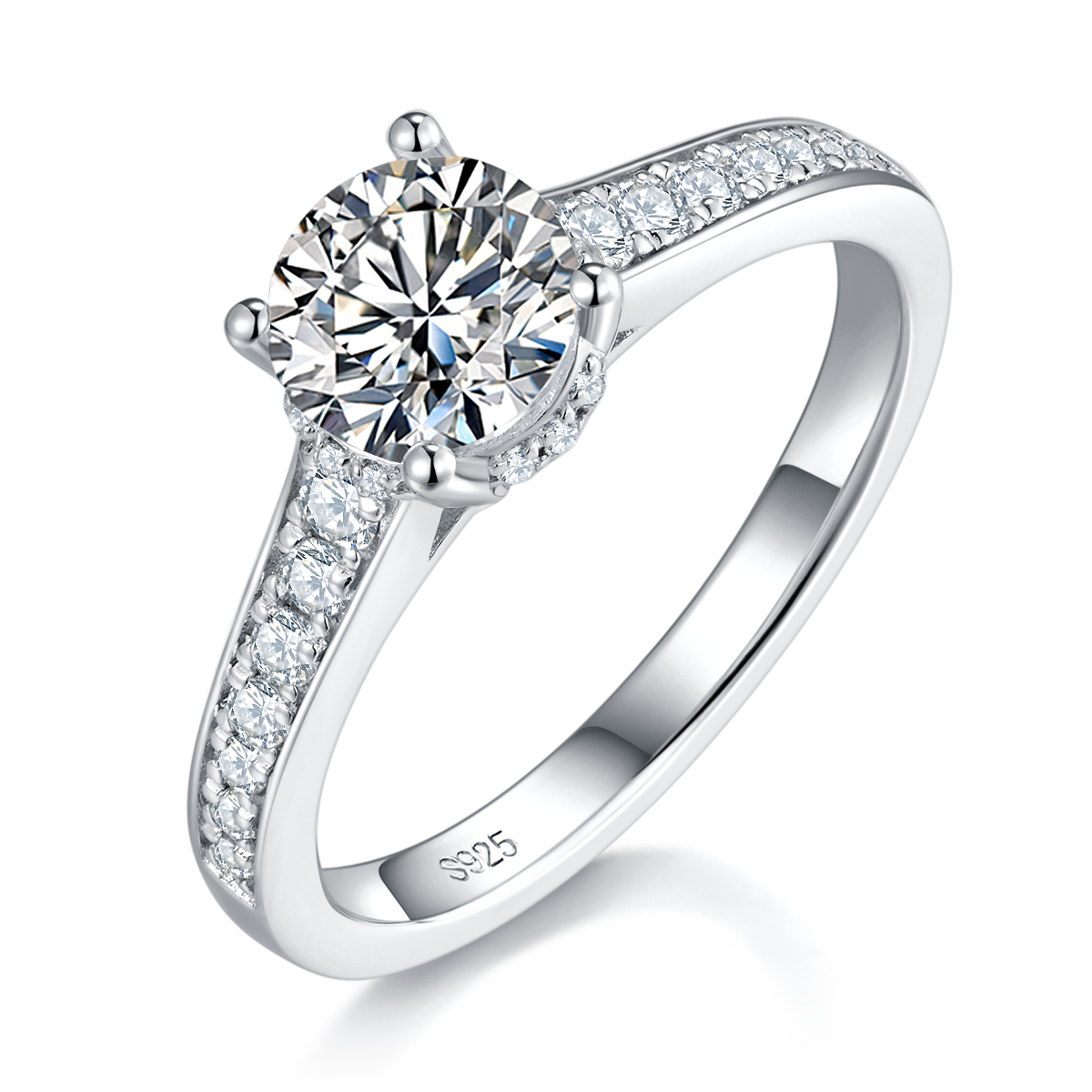 Four Claw Women's Ring S925 Silver Plated Platinum Primary and Secondary Set Ring Stacked Women's Ring Customized Main Stone Moissanite  1.0ct/Secondary Stone High Carbon Diamond