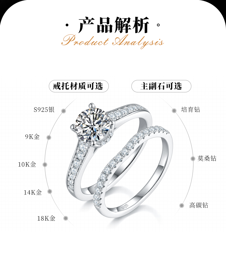 直臂微镶四爪女戒S925银镀白金主副套戒叠戴女戒定制主石莫桑钻1.0ct/副石高碳钻 - 2