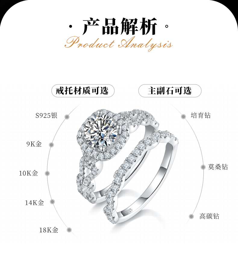 环环相扣方包女戒S925银镀白金主副套戒叠戴女戒定制主石莫桑钻1.0ct/副石高碳钻 - 2