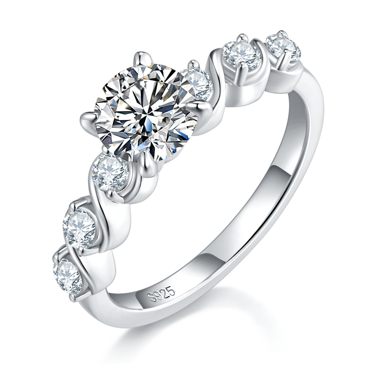 Four Claw Women's Ring S925 Silver Plated Platinum Primary and Secondary Set, Stacked Women's Ring, Customized Main Stone Moissanite  1.0ct/Secondary Stone High Carbon Diamond