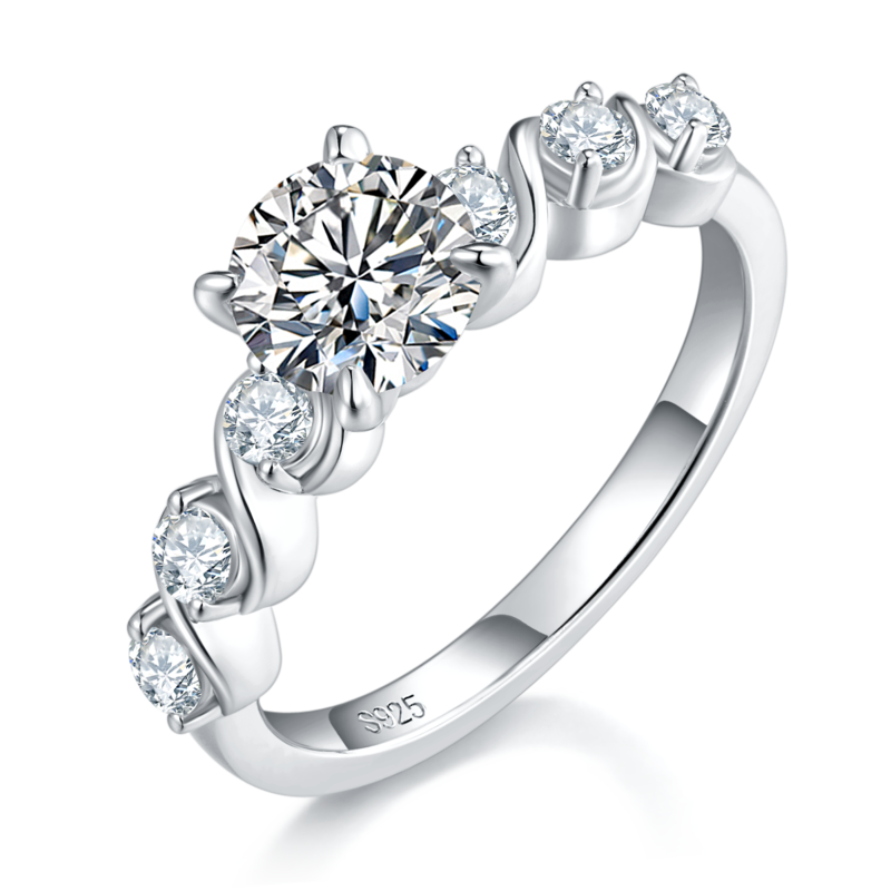 Four Claw Women's Ring S925 Silver Plated Platinum Primary and Secondary Set, Stacked Women's Ring, Customized Main Stone Moissanite Diamond 1.0ct/Secondary Stone High Carbon Diamond