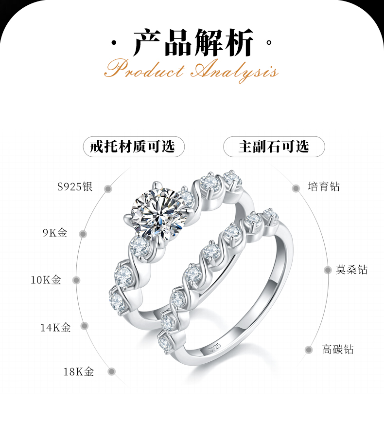 排钻四爪女戒S925银镀白金主副套戒叠戴女戒定制主石莫桑钻1.0ct/副石高碳钻 - 2