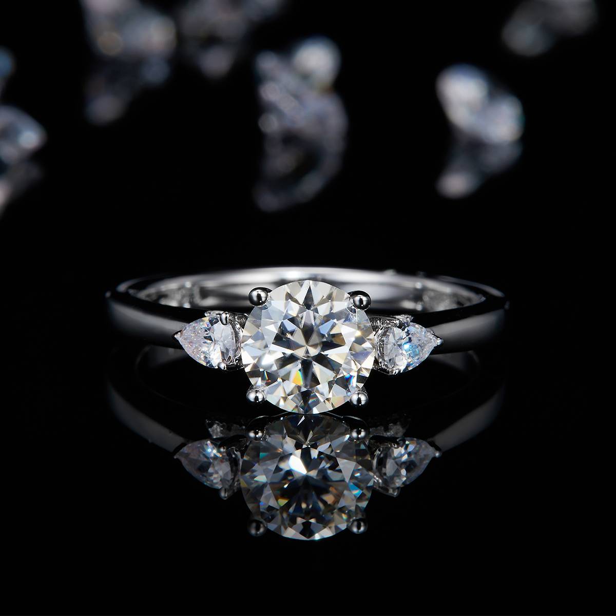 Three Stone Women's Ring S925 Silver Plated Platinum Customized Main Stone Moissanite Diamond 1.0ct/Secondary Stone High Carbon Diamond