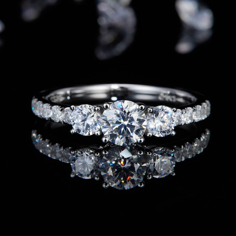 Straight arm micro inlaid three stone women's ring S925 silver plated platinum customized main stone moissanite diamond 0.5ct/secondary stone high carbon diamond