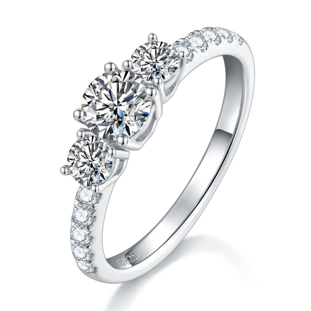 Straight arm micro inlaid three stone women's ring S925 silver plated platinum customized main stone moissanite diamond 0.5ct/secondary stone high carbon diamond