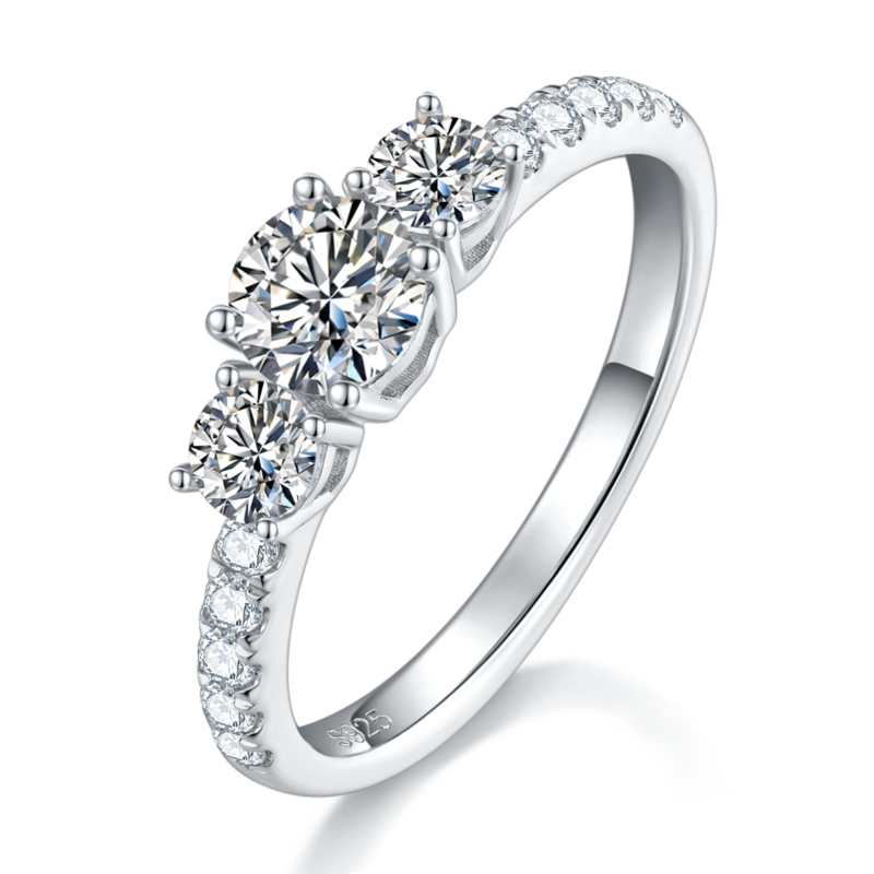 Straight arm micro inlaid three stone women's ring S925 silver plated platinum customized main stone moissanite diamond 0.5ct/secondary stone high carbon diamond