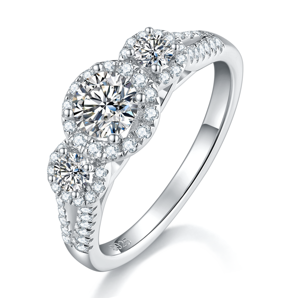 Three Stone Round Bag Women's Ring S925 Silver Plated Platinum Customized Main Stone Moissanite Diamond 0.5ct/Secondary Stone High Carbon Diamond