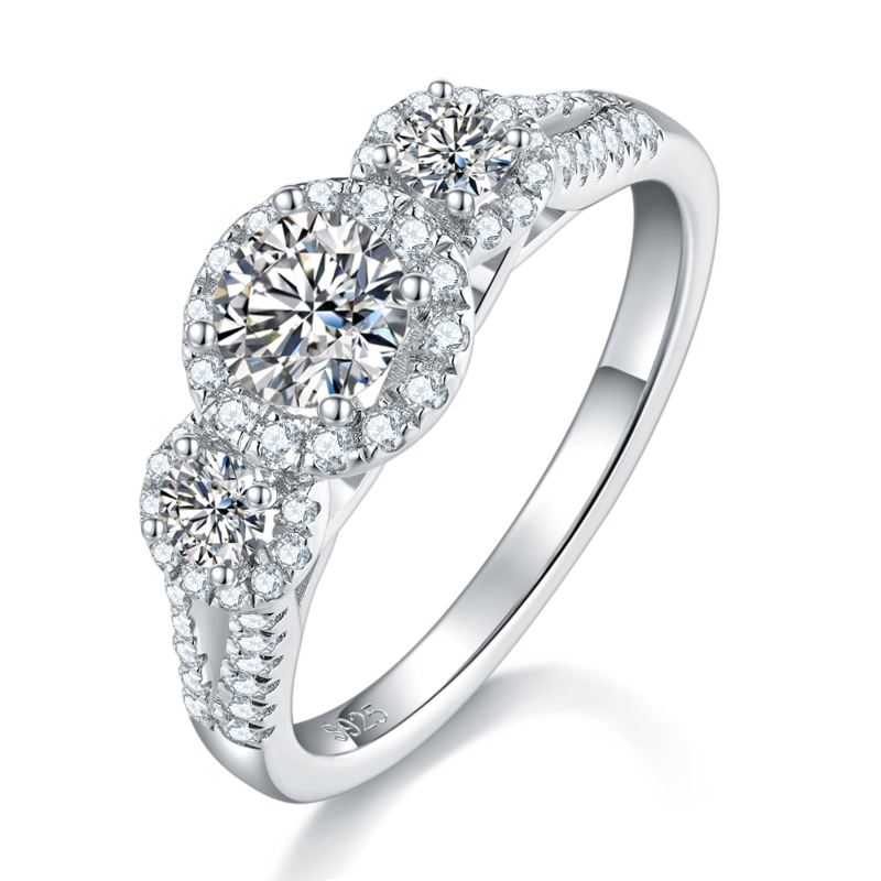 三石圆包女戒S925银镀白金定制主石莫桑钻0.5ct/副石高碳钻