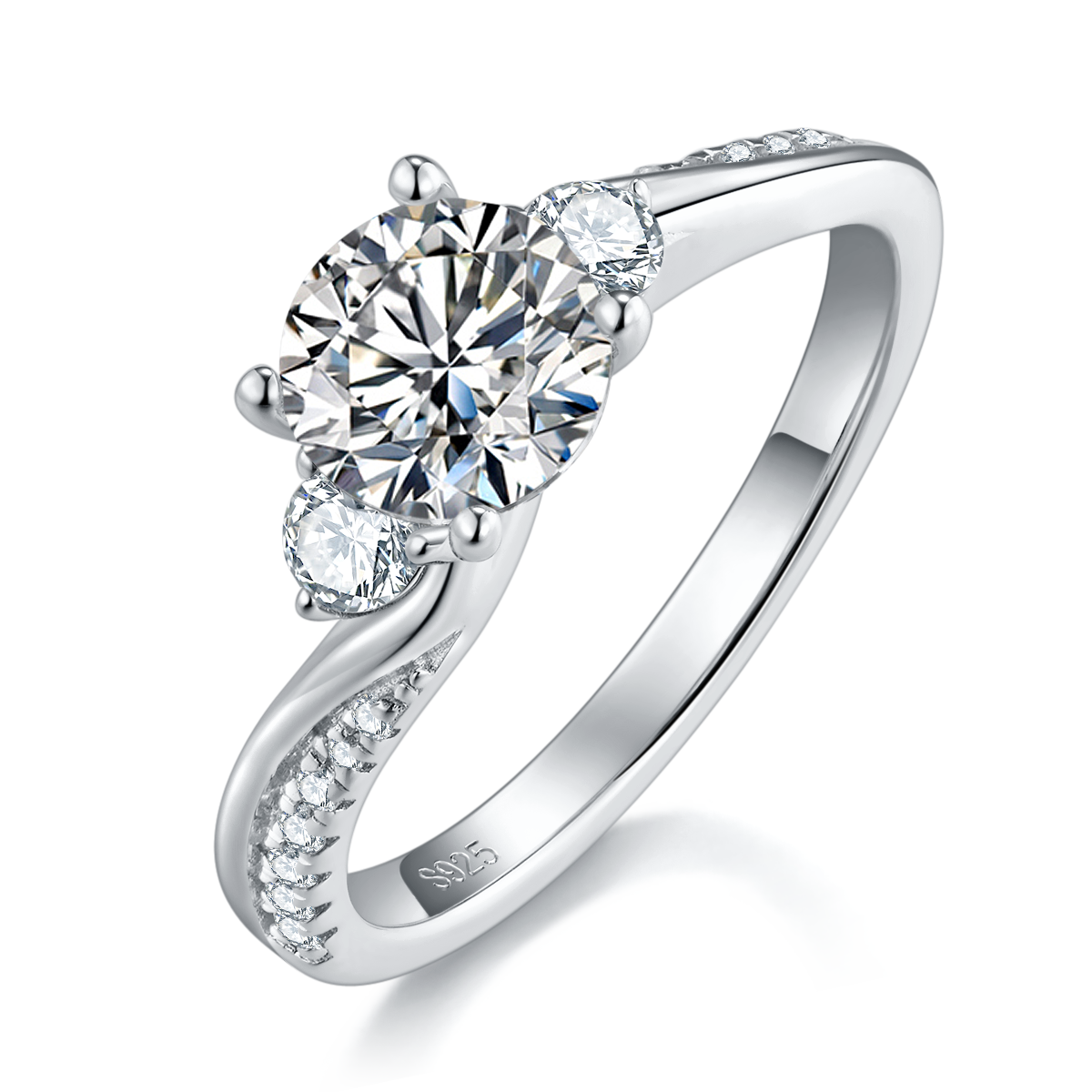 扭臂三石女戒S925银镀白金定制主石莫桑钻1.0ct/副石高碳钻