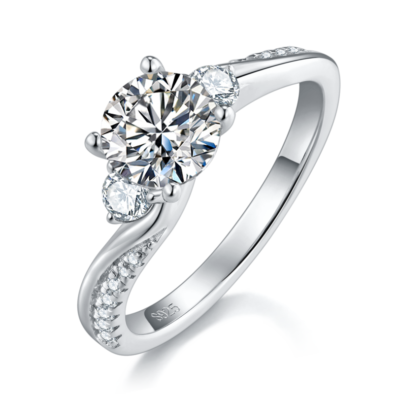 扭臂三石女戒S925银镀白金定制主石莫桑钻1.0ct/副石高碳钻