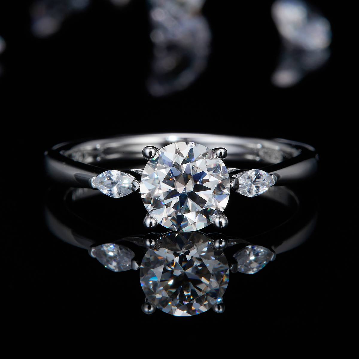 Three Stone Women's Ring S925 Silver Plated Platinum Customized Main Stone Moissanite Diamond 1.0ct/Secondary Stone High Carbon Diamond