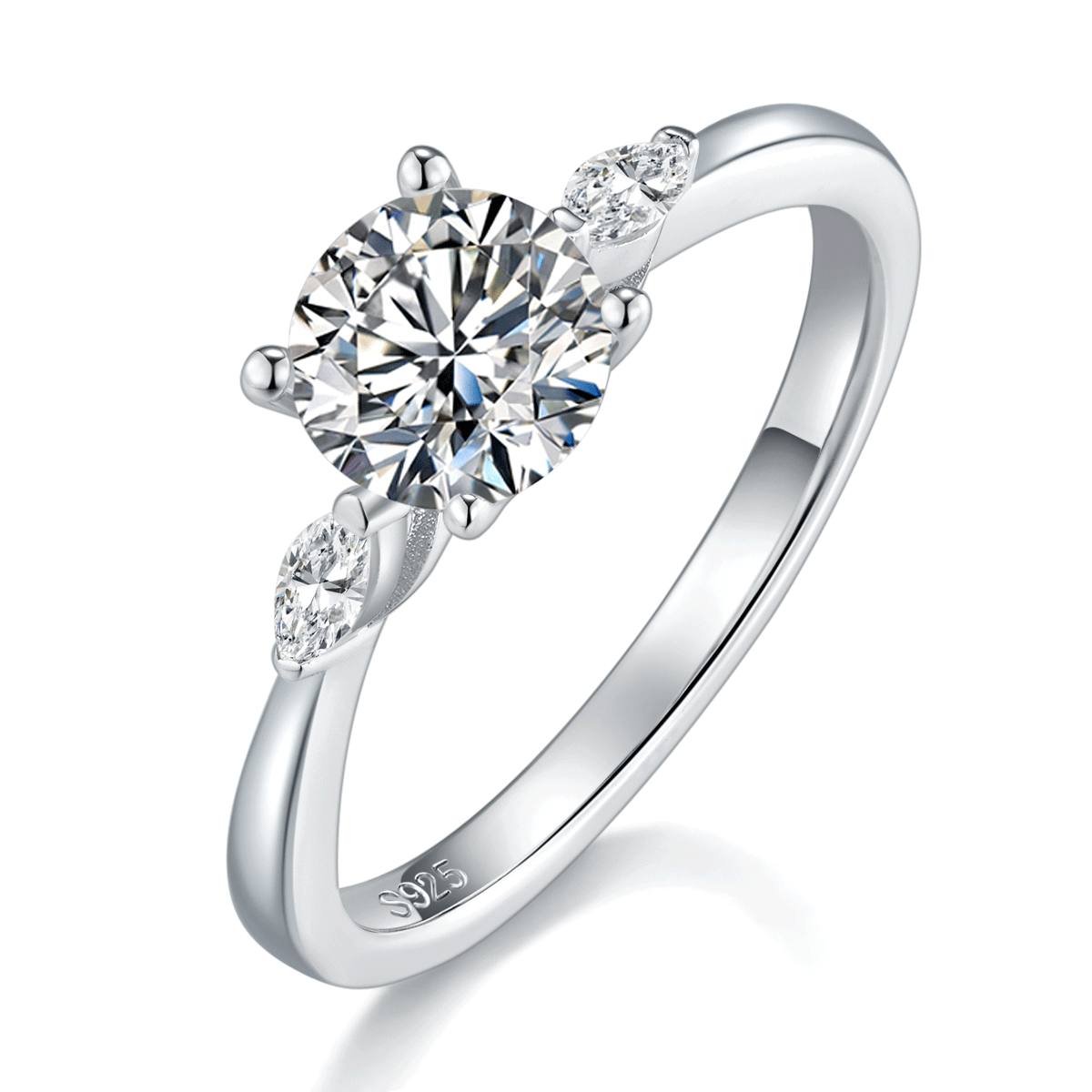 Three Stone Women's Ring S925 Silver Plated Platinum Customized Main Stone Moissanite Diamond 1.0ct/Secondary Stone High Carbon Diamond