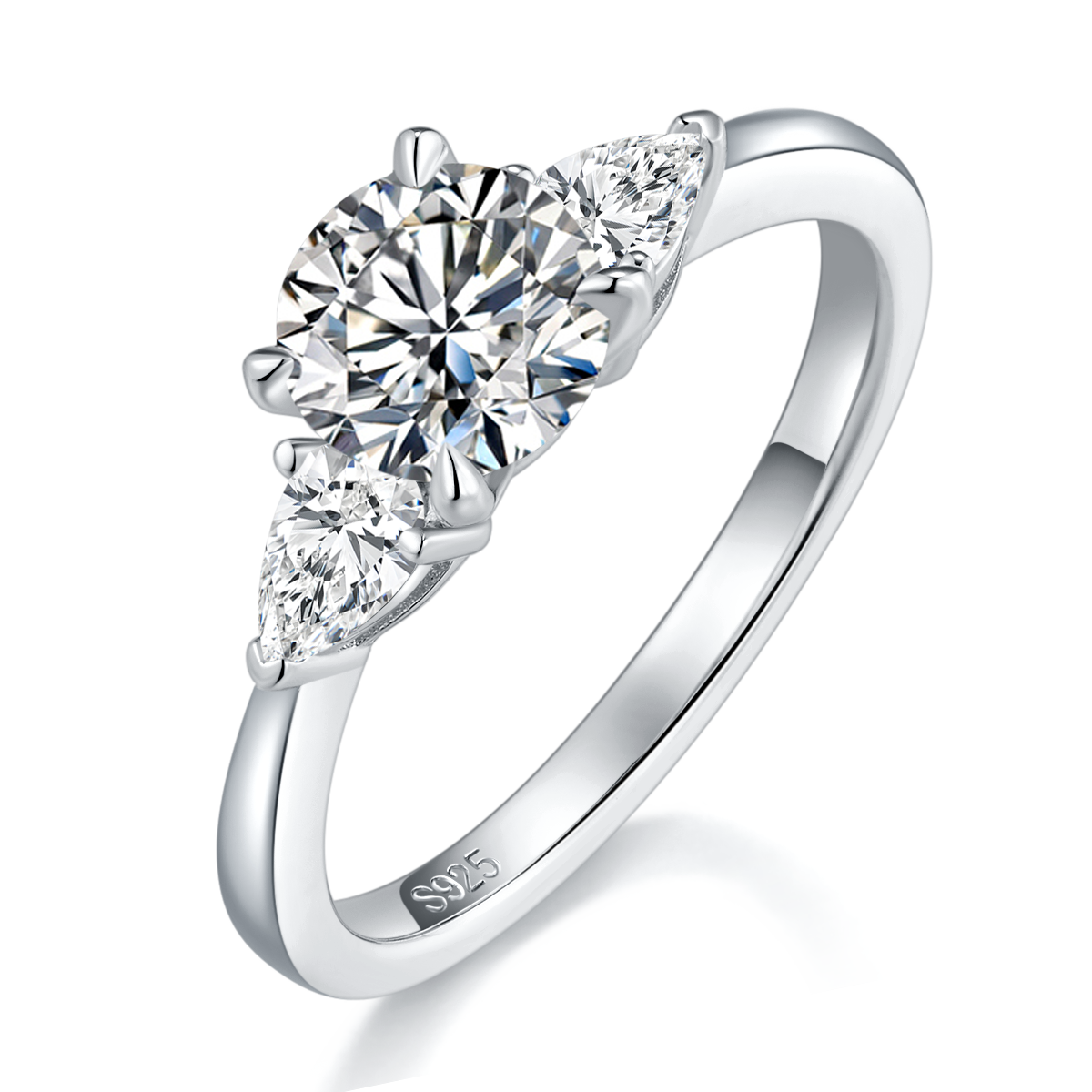 三石女戒S925银镀白金定制主副石莫桑钻1.0ct