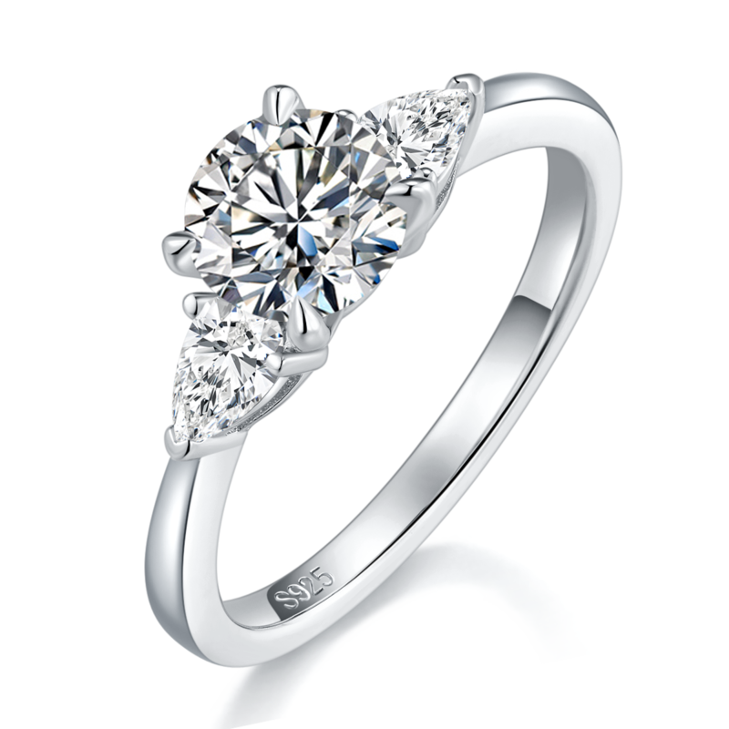Three Stone Women's Ring S925 Silver Plated Platinum Customized Main and Deputy Stone Moissanite Diamonds 1.0ct